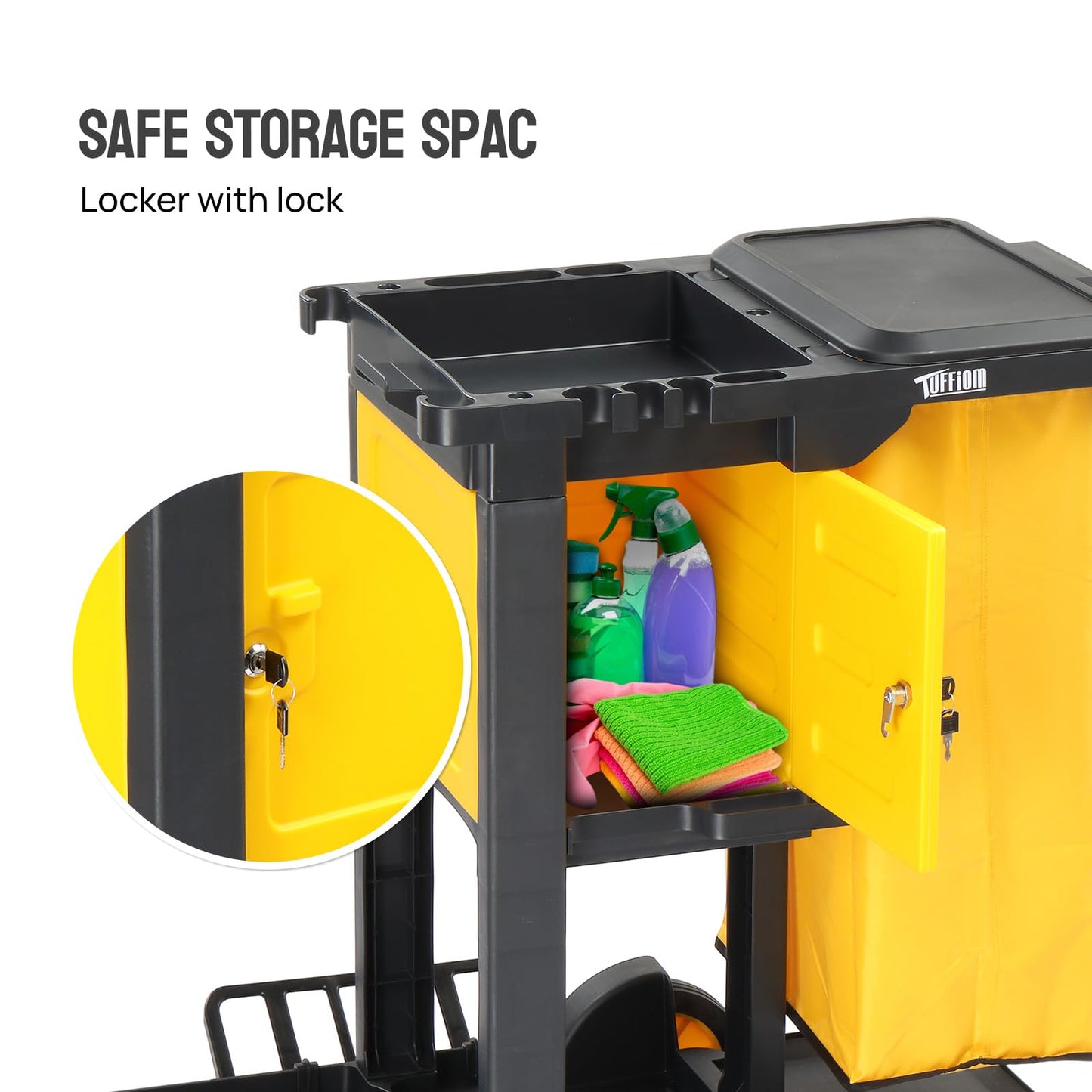 TUFFIOM Janitorial Cart with Key-Locking Cabinet, 3-Shelf Commercial Cleaning Cart, Housekeeping Caddy with Locker,Wheeled with Yellow Vinyl Bag, Black, Great for Hotel, Stores, Schools, and Business
