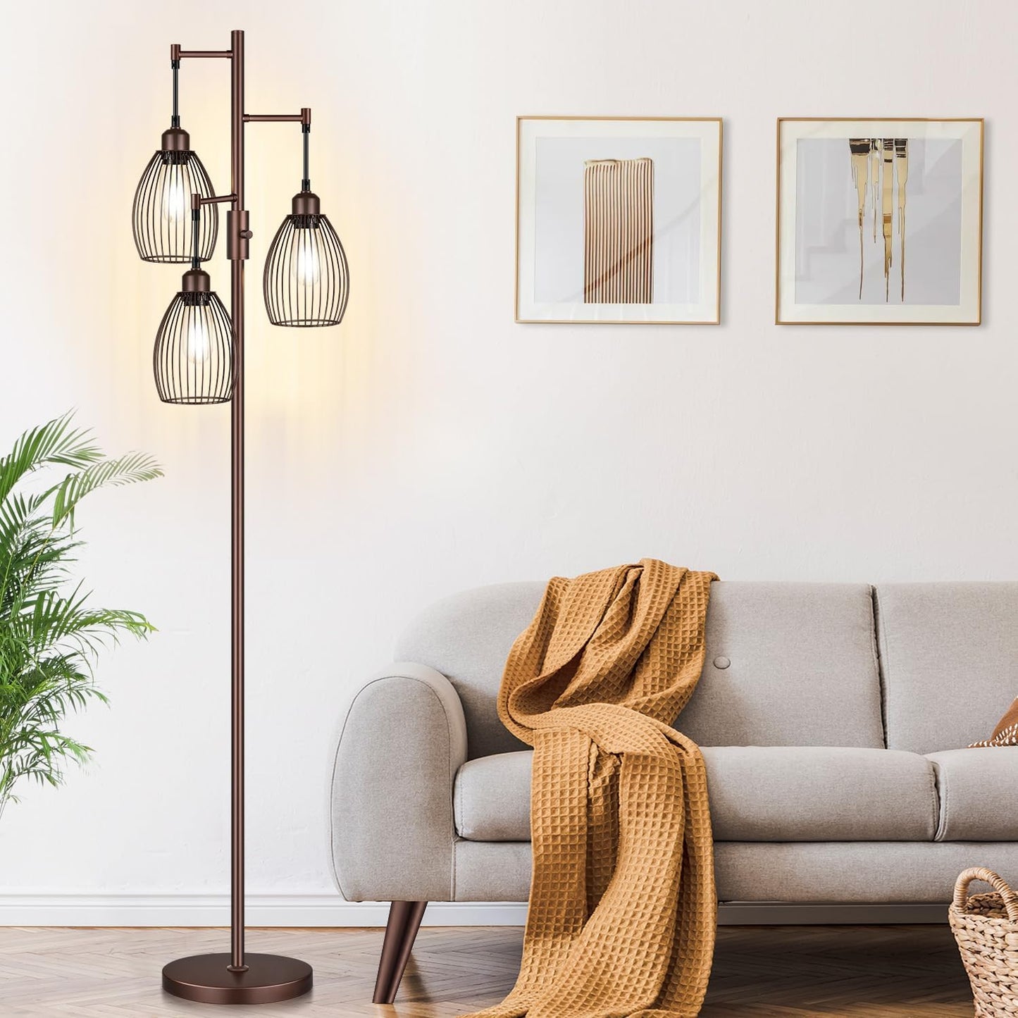 Torondo Dimmable Floor Lamp - Matte Brown Industrial Design with 3 Teardrop Cages & 800 Lumens LED Bulbs