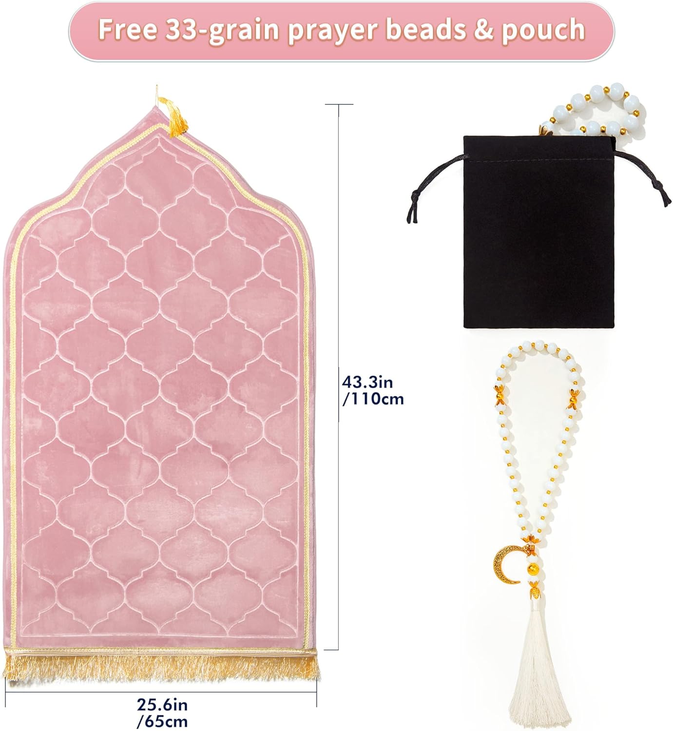 Skiennix Muslim Prayer Rug - Soft Memory Foam Mat with Tasbih Beads | Padded Islamic Janamaz (25.6" x 43.3", Pink)
