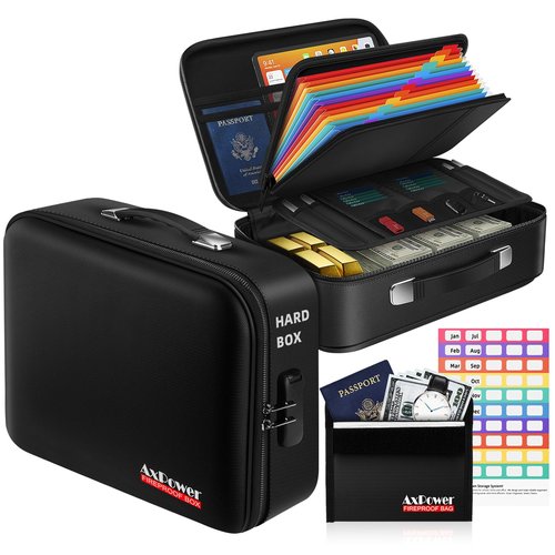 Fireproof Document Box Hard Case With Lock, Multi-Layer Fire Proof Water Resistant Safe Box File Organizer Bag With Small Money Bag for Important Documents Passport Certificates Laptop (Black)