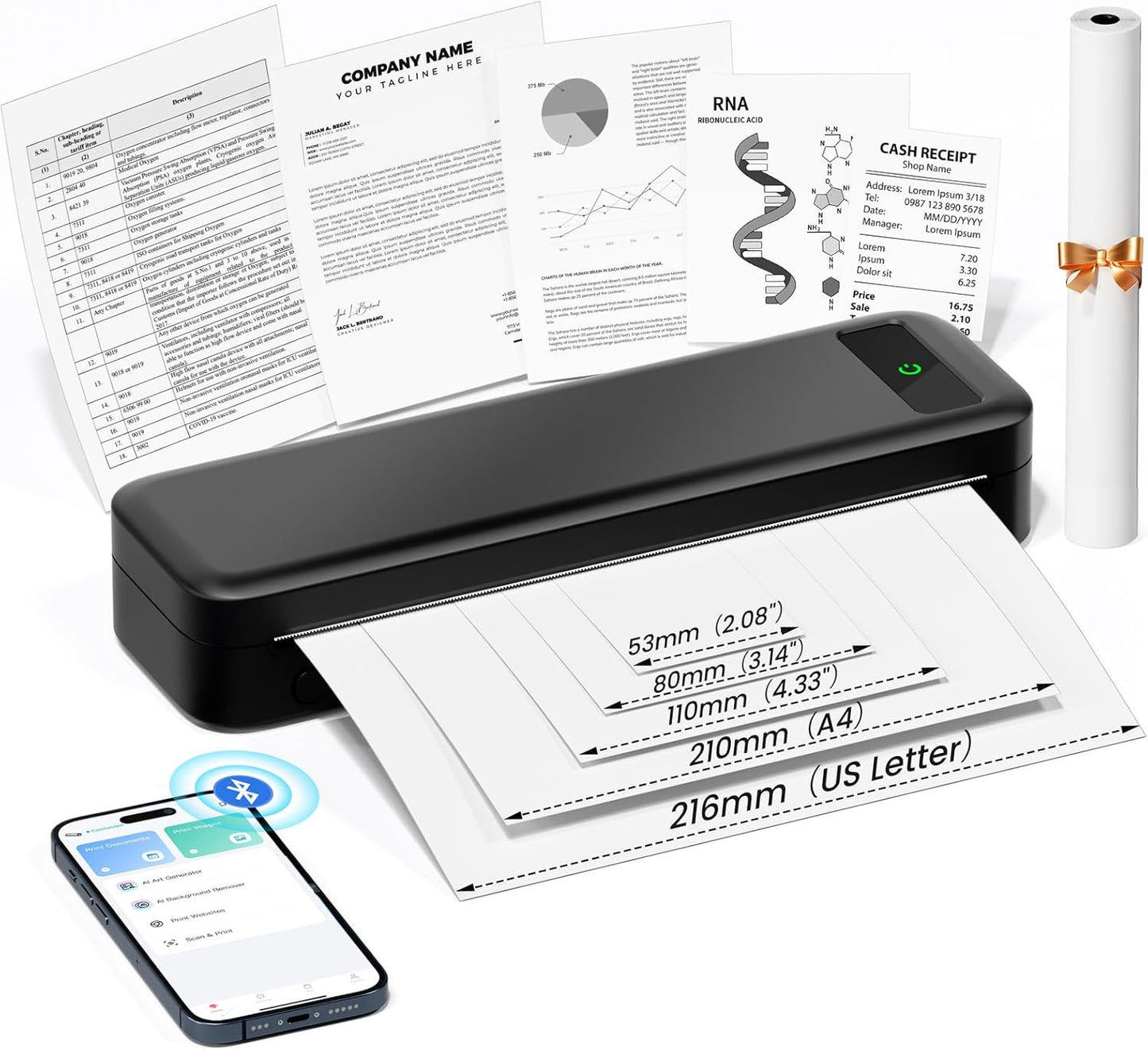 TATTMUSE Bluetooth Portable Thermal Printer - Includes 4 Rolls of A4 Size Thermal Paper (Black)