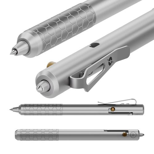 Off-Grid Knives BOLT Tactical Pen with Tungsten Carbide Glass Breaker, Overbuilt Bolt Action XL Writing Tool, Aircraft Aluminum, German Ink, Stainless Steel Clip (Silver)