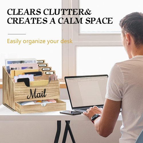 ANRXNCY Desk Mail Holder with 4 Compartments and Drawer, Wood Mail Holder Sorter Holder,Countertop Desk Office Accessories for File Letter Paper Folder, Drawer Organizer
