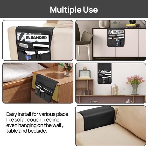 Teniux Remote Control Holder Faux Leather Armrest Organizer with 6 Pockets for recliner couch sofa, Armchair Caddy for Smart Phone, Book, Magazines, Ipad, Remotes (Black)