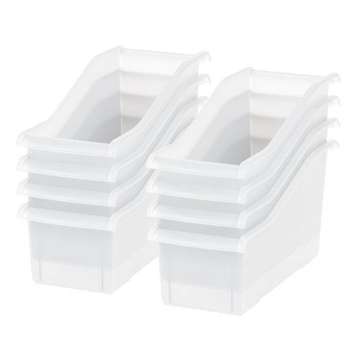 IRIS USA Plastic Book Bin Magazine Holder, 8-Pack, Vertical Standing Connecting Container Box for Office Dorm Study Homework Binder Notebook File Craft Stationery Supplies Organizer Caddy, Clear