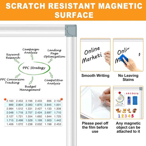 H-Qprobd White Board Dry Erase Whiteboard for Wall 24x18 (2pcs) Magnetic Boards for Office Classroom & Home, Small Wall Whiteboard Including 6 Markers, 10 Magnets, 2 Erasers & 10 Adhesive Hooks