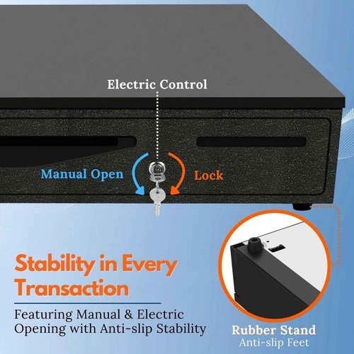 Flexzion Cash Drawer for Small Businesses - Black, 16-inch Metal Cash Register with Electronic RJ-11 Point of Sale (POS) Connection, 5 Bill 5 Coin Slots - Compatible with Star, Epson, Citizen Printers