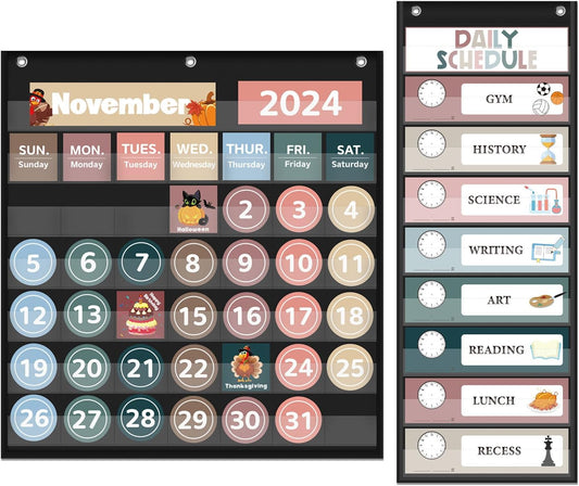 Skiennix Monthly Calendar Pocket Chart - Classroom Learning Tool with Days of the Week Cards | Black Design