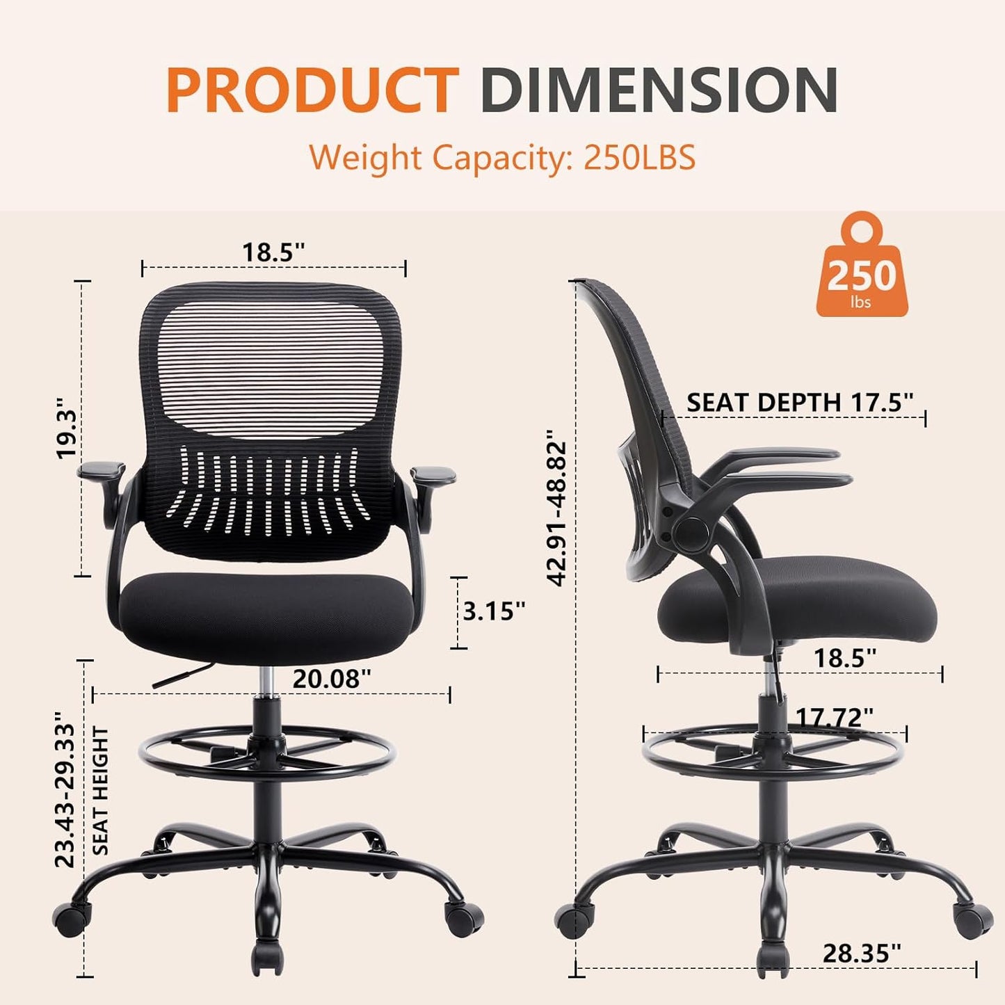 Sweetcrispy Ergonomic Drafting Desk Chair - Adjustable Height with Comfy Lumbar Support | Black