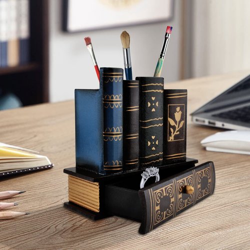 POWER UNICO FLOWER Vintage Book Pen Holder Retro Pen Desk Organizer with Drawer Wooden Fake Book Shaped Pencil Cup for Home Office Study Library (116)