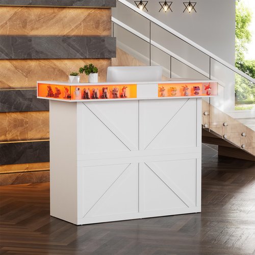 PAKASEPT Reception Desk with LED Lights, 55-Inch Front Counter Table with Lockable Drawer & Glass Display Shelf, Reception Room Table with Cable Grommet for Checkout, Lobby, Beauty Salon