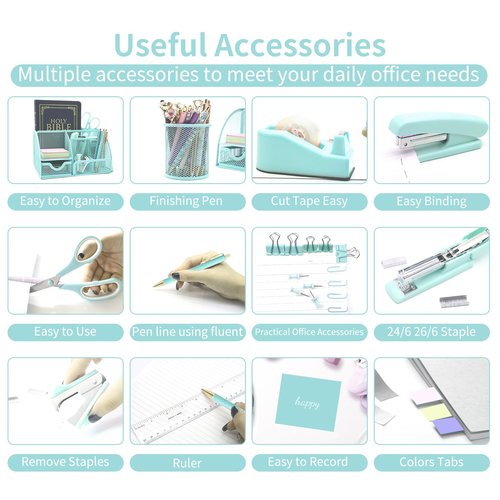 12 in 1 Green Desk Organizers & Accessories Set, Office Supplies Include Stapler, Pen Holder, Tape Holder, Scissors, Ruler, Staple Remover for Home & School