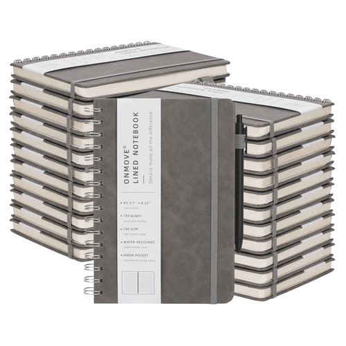 OnMove Spiral Notebooks Journal for Women Men 24 Pack Bulk Leather Hardcover with Pen Holder A5 160 Pages 100 GSM Thick Paper for Work School (Gray)
