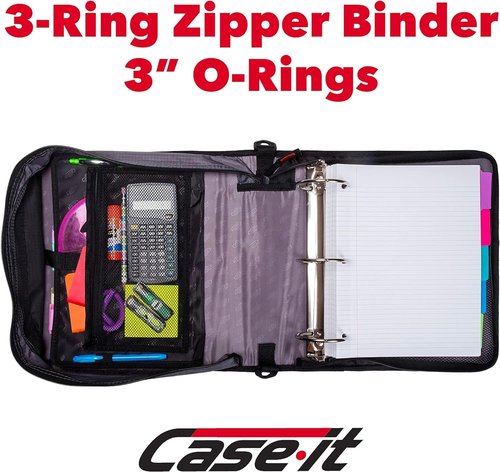 Case-it Mighty Zip Tab Zipper Binder - 3 Inch O-Rings - Expanding File Folder with 600 Sheet Capacity - Jet Black