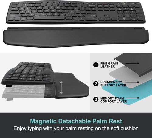 Arteck Wireless Bluetooth Keyboard - Comfortable Full Size with Palm Wrist Rest | USB-A & USB-C Compatible for Windows, iPad, Android, PC