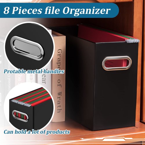 File Organizer, 8 Packs Cardboard File Storage Folder Letter Size Portable Desktop Holder Collapsible Hanging Folders Box with Handle Magazine Book Storage Filing Box for Home Office(Black)