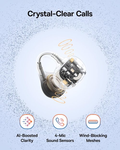 Baseus Bass BC1 Open Ear Earbuds Clip-On Headphones, Open-Ring Comfort with Tri-Curve Snug Clip, Powerful Sound with SuperBass, 4-Mic Clear Calls, IP55 Waterproof, 38H Playtime, Lightweight
