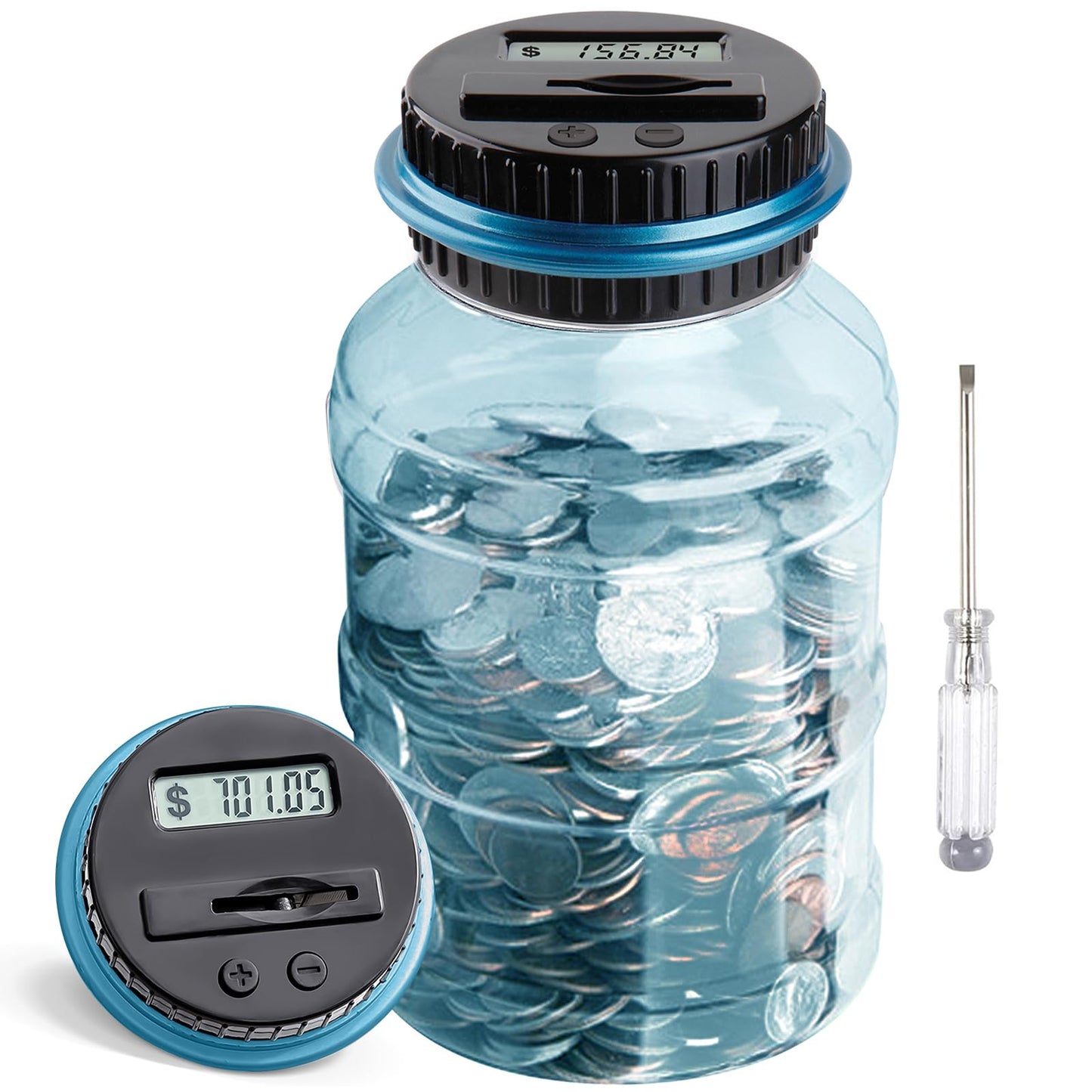 Large Piggy Bank for Boys Adults, Vcertcpl Digital Coin Counting Bank with LCD Counter, 1.8L Capacity Coin Bank Money Jar for Adults, Designed for All US Coins (Blue2)
