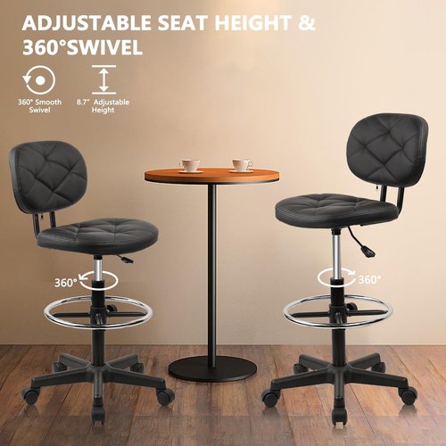 KLASIKA PU Leather Rolling Stool with Foot Rest and Back Support, Adjustable Diamond Upholstered Drafting Chair with Wheels, Multi-Purpose Desk Chair for Home Office Bar Kitchen Shop, Black (1PK)