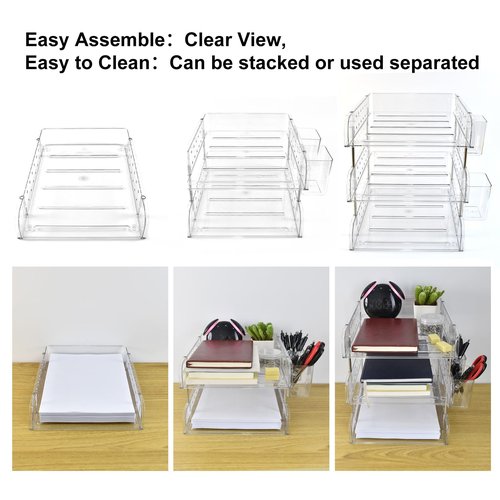 3 Tier Desktop File Organizer, Acrylic Clear Stackable Desktop Paper Organizer Letter Tray Shelf with Pen Holder, Pegboard Shelf Office Organizer for File Paper, Letter, A4 Office File, Books, Notes