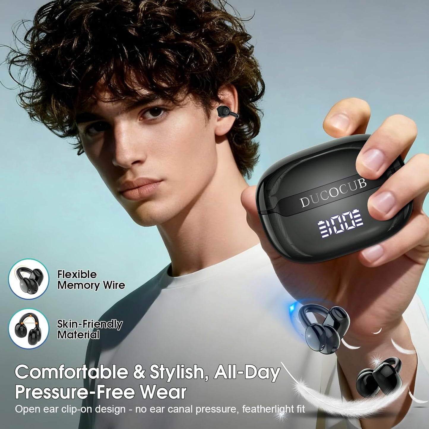 Skiennix Wireless Earbuds - Open Ear Bluetooth 5.4 Headphones with DNN Noise Cancelling, 48H Playtime, Secure Fit | Black