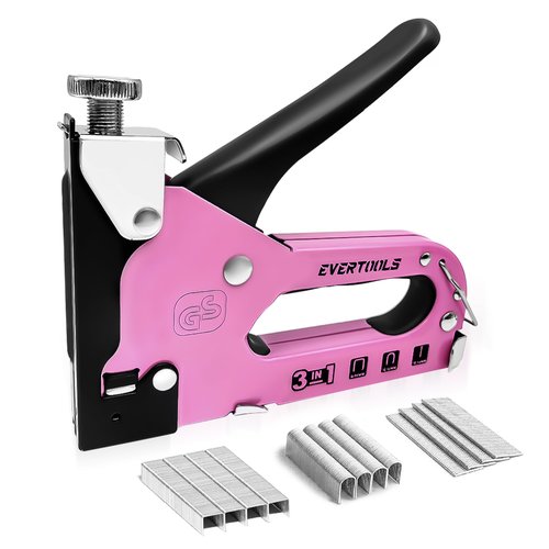 EVERTOOLS 3 in 1 Staple Gun, Women Pink Manual Stapler with 600 Staples, for Wood, Cable, Crafts, Fabric, Decoration, Carpentry, Furniture, Material Repair and DIY.