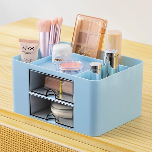 Moikiwi 2PCS Desk Organizer with 2 Drawers, Office Supplies Organizer, Cute Desk Accessories with Plastic, Pen Holder, Blue