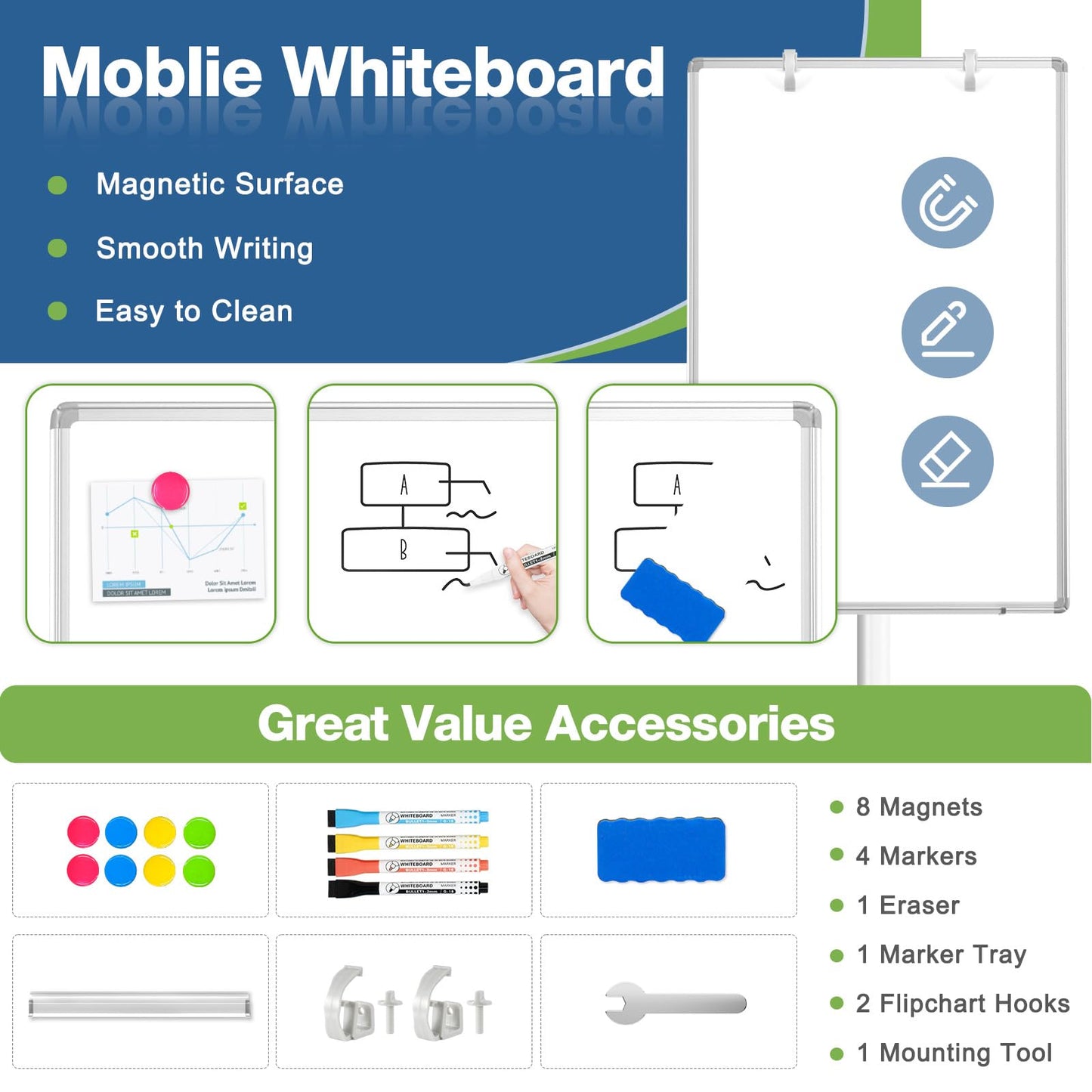 Magnetic Mobile Whiteboard, 36"x24", Height Adjustable Flip Chart Easel
