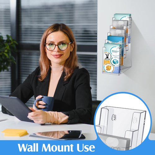 Dunzoom 2 Pcs 5 Tier Acrylic Brochure Holder, 4 Inch Clear Brochure Display Stand Multi Pocket Pamphlet Holder Literature Rack Organizer for Removable Divider Wall Mount or Countertop