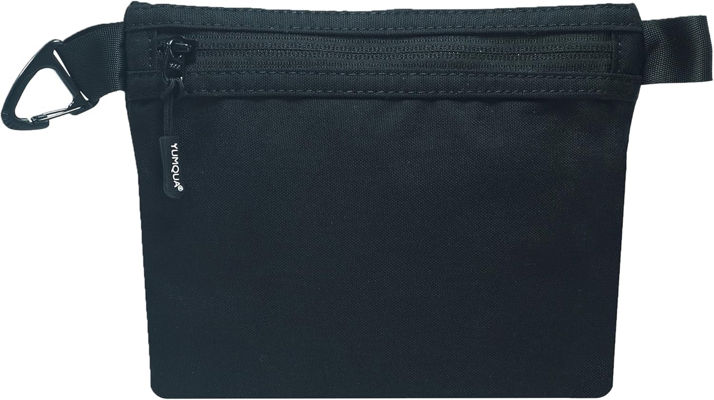 YUMQUA Water-Resistant Zipper Pouch - Small Nylon Travel Bag with Carabiner Clip | Black