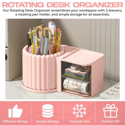 BRAINVI Rotating Desk Organizer With Drawer, Multi-Functional Pencil Holder For Desk, Desk Stationery, Desk Organizer And Accessories, Home Office Art Supplies Box With Drawer.