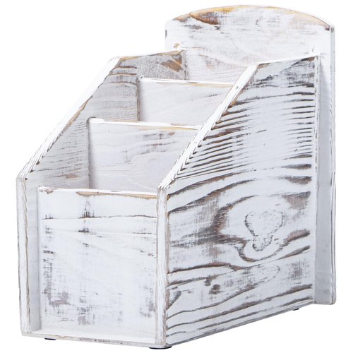 Useekoo Wooden Desk Organizer with 3 Compartments, Vintage Wood Remote Control Holder for Mobile Phone and office supplies, Rustic Farmhouse Caddy, Living Room, Bedroom,Vintage White, 6.5"x4.5"x7"