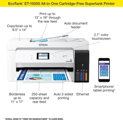 Epson EcoTank ET-15000 Wireless All-in-One Supertank Printer - Print, Scan, Copy, Fax | 13 x 19 Inches, White