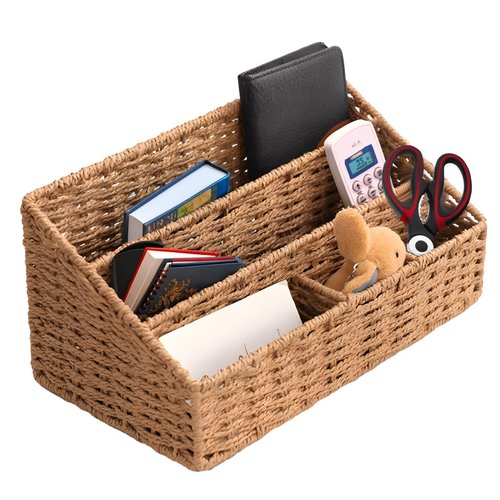 Desktop Woven Mail Organizer, Farmhouse Desk Organizer, Natural Paper Rope, 4 Compartments, Home Sundry Office Supply Organizer