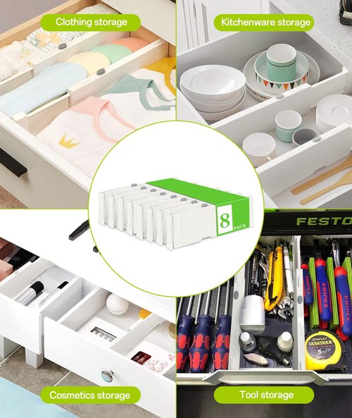 Irosiy Adjustable Non-Slip Drawer Organizer – Versatile Storage Tray for Kitchen, Wardrobe & Office, 11.6" to 17" Length, Durable ABS & Silicone Base, Easy Assembly