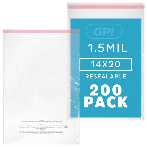 GPI - Pack of 200 14" X 20" Clear Self Seal Poly Bags, 1.5 Mil - Resealable Polybags with Adhesive Strip & Suffocation Warning for Packaging T Shirts Clothing. Perfect for Shipping Supplies with FBA