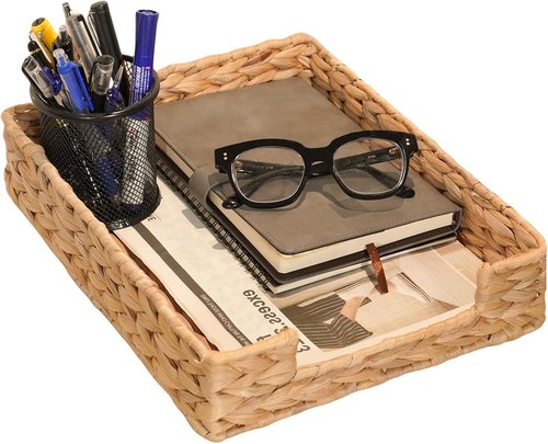 PINXIURY Water Hyacinth Letter Tray - Stylish A4 File Organizer for Desk & Mail Storage