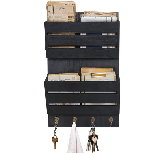 Mail Organizer Wall Mount with 4 Key Hooks, Rustic Wooden Hanging Mail Sorter Farmhouse Key Holder for Wall Decoration, 2-Slot Wall File and Magazines Bill Letter Holder