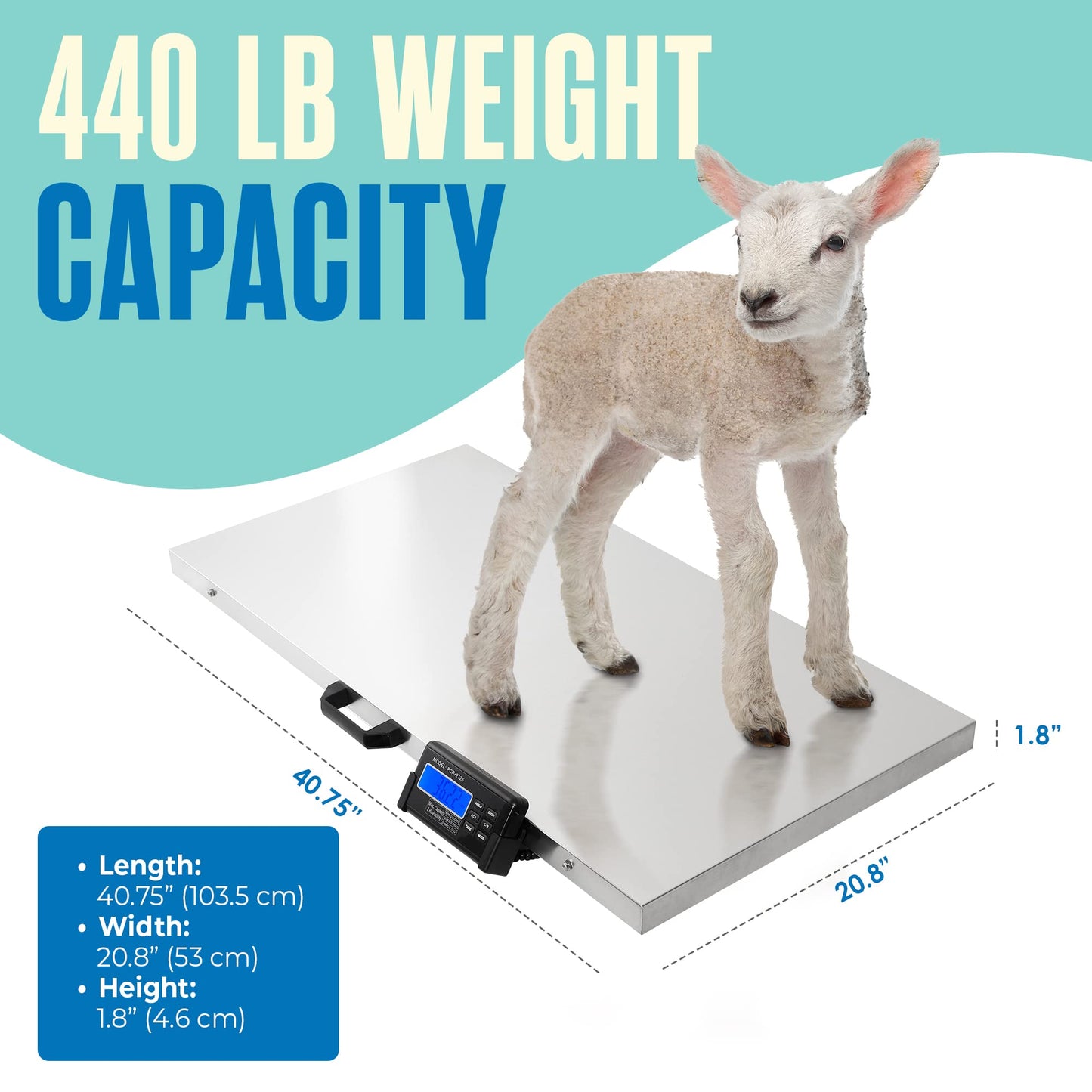 Houseables Dog Scale, Dog Scale for Large Breed, Pet, 440 LB, Livestock, Pet Weight, Animal, Veterinary, Sheep, Goat, Pig, Shipping, Packages, Weighing, Puppy, Vet, Heavy Duty, Digital, 41x21 Platform