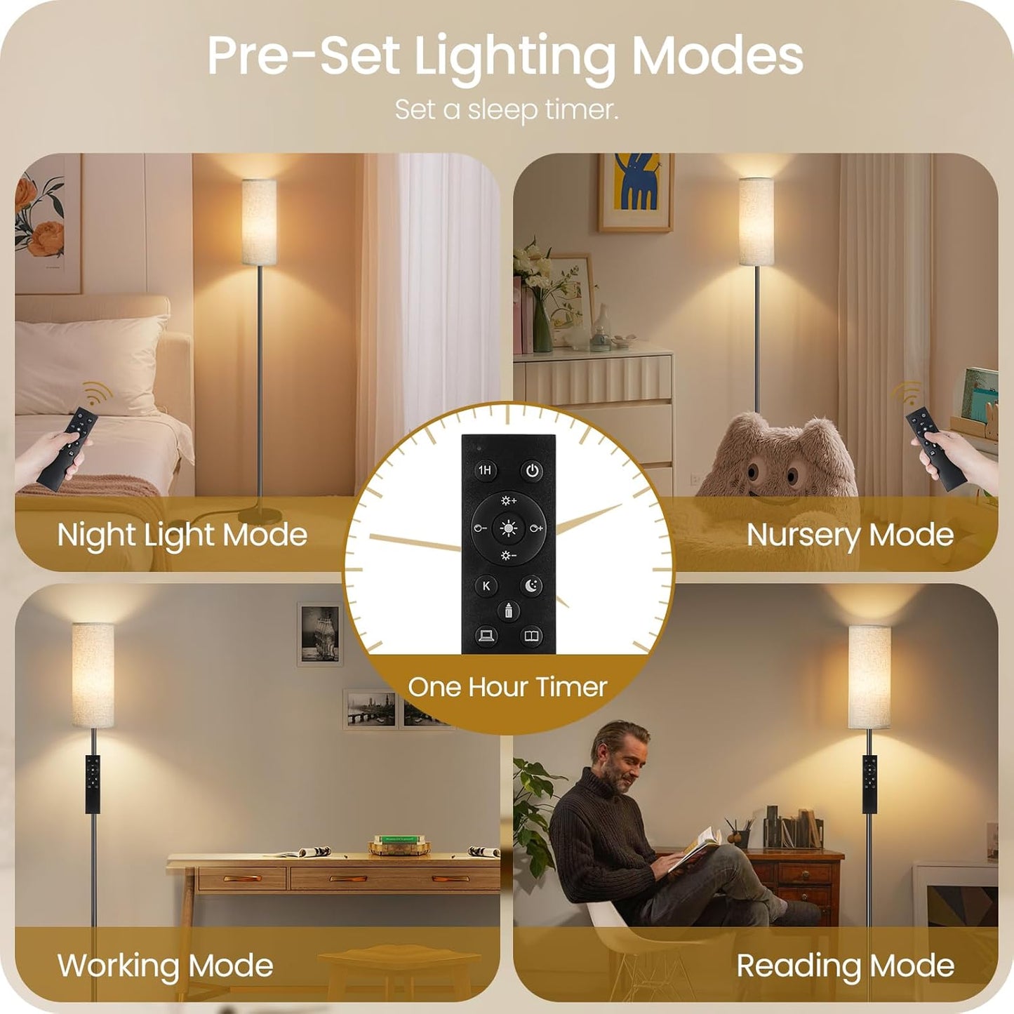 Skiennix Dimmable Floor Lamp - Modern 64.4” Standing Lamp with Remote & Foot Switch | Beige, 10W LED Bulb Included