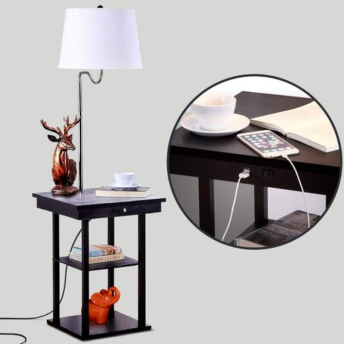 Brightech Madison Side Table with Lamp Combo with LED Bulb, Desk Lamp with USB Port, Bedside Reading Lamp, Modern End Table with Floor Lamp for Bedroom, Living Room, Office - Black with White Shade