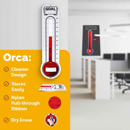 Fundraising Thermometer Chart Goal Tracker | Dry Erase Goal Setting Wall Mounted Thermometer | Giant Sales Goal Board with Pull-Through Ribbon Progress Tracker (46” x 12”) by ORCA