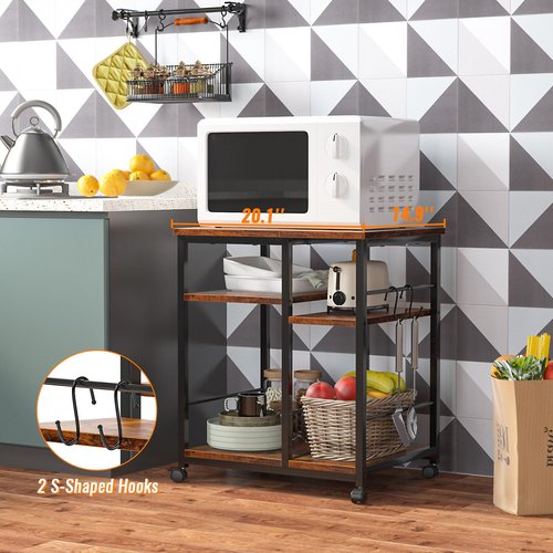 Furologee 3 Tier Printer Stand for Home Office Organization, Mobile Printer Cart with Wheels and 2 Hooks, Under Desk Shelf with Storage, for Living Room, Kitchen, Rustic Brown