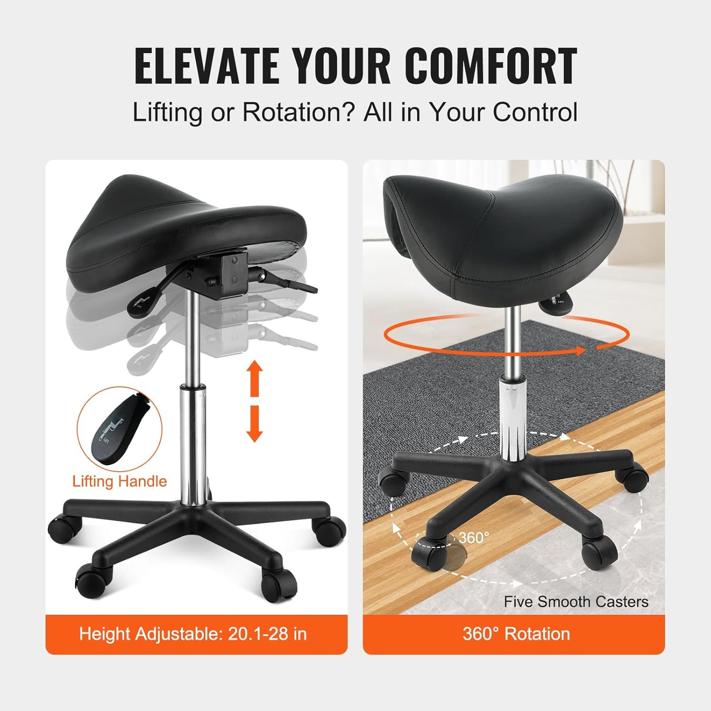 VEVOR Saddle Stool - Height Adjustable Swivel Chair with Wheels | 400 LBS Capacity, Black PU Leather