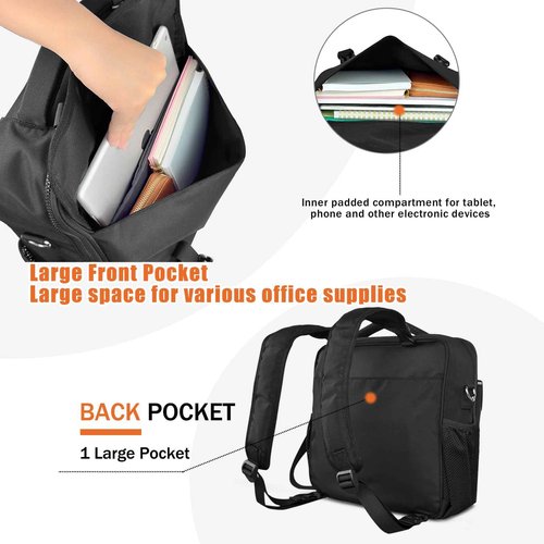 JIATEMET 3-inch D Ring with Multiple Pockets Folder,Up 14" Laptop Detachable Backpack Straps & Shoulder Use for Office (Black)