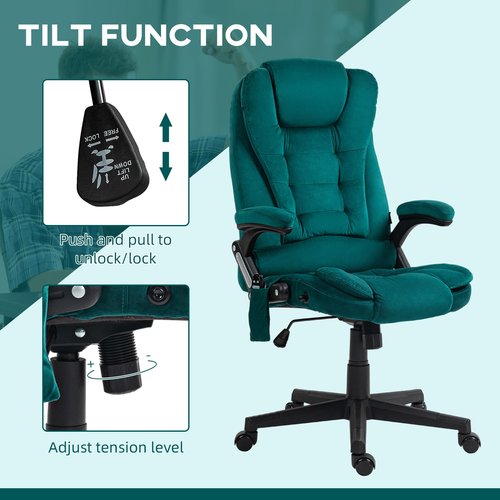 HOMCOM 6 Point Vibrating Massage Office Chair with Heat, Velvet High Back Executive Office Chair with Reclining Backrest, Padded Armrests and Remote, Dark Green