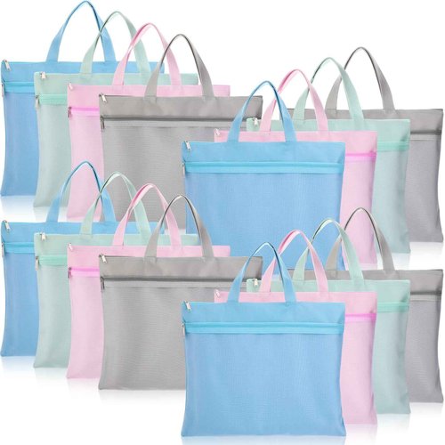 Zhehao 16 Pcs Student Book Pouches with Handle Waterproof Document Bag Sew Project Bag for Quilting Mesh Zipper Pouch File Artwork Storage Organize for A4 Files, 14 x 11 Inch