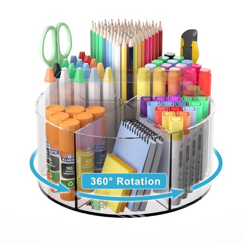 Acrylic Pen Holder for Desks, Acrylic Desk Organizer Clear, 360 Degree Pencil Holder for Desk Kids, Rotating Desk Organizer Rotating Pen Holder for Desk, Art Supply Storage Organizer 6 Compartments