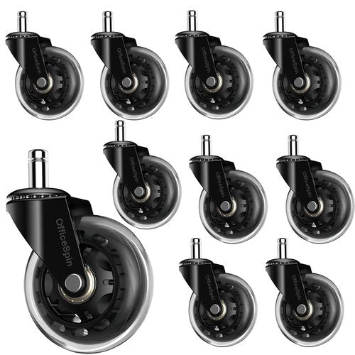 10 Pack-OfficeSpin Office Chair Wheels Replacement, Roller Blade Wheels, Office Chair Casters for Hardwood& Carpet Floors (Clear)