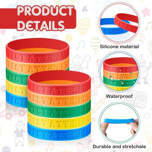 Sureio Perfect Attendance Silicone Bracelets Colored Rubber Bracelets Silicone Wristbands Bulk Rubber Wrist Bands for Student Employee Awards Teacher Kid Company School Classroom Office Gift (300)